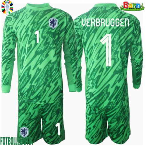 Nederländerna Bart Verbruggen #1 Målvakt Hemmaställ Barn EM 2024 Långärmad (+ Korta byxor)